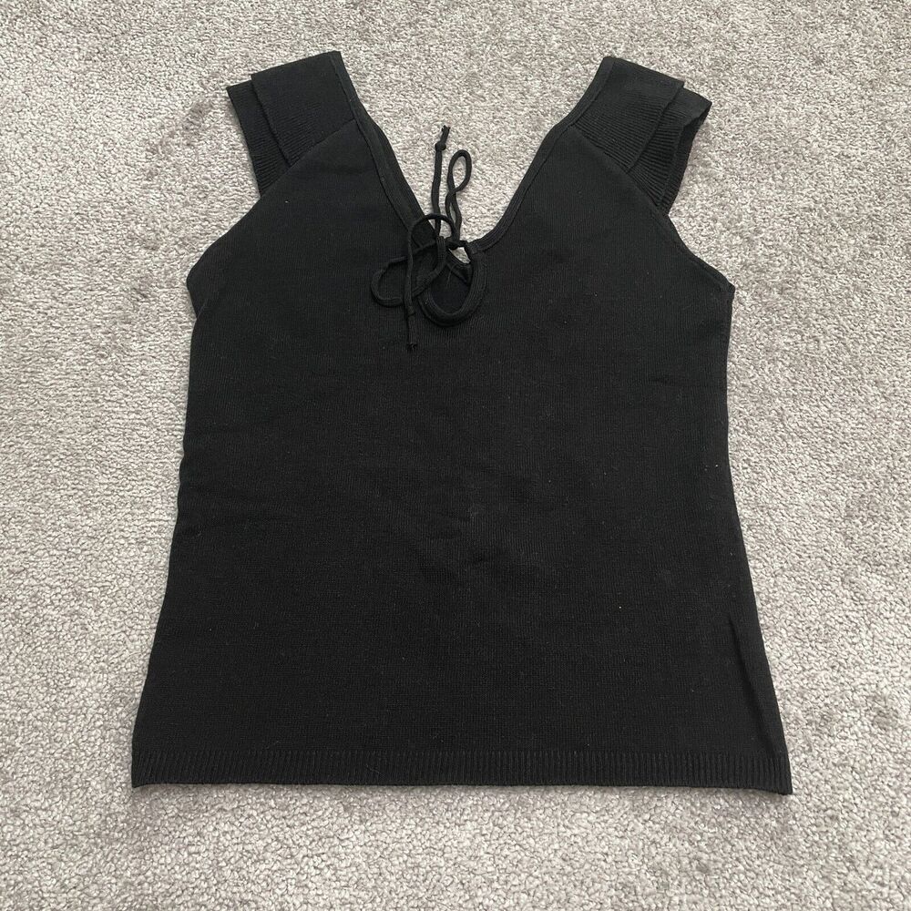 Retro Vintage Knitted Tank Top Juniors Large Black V-Neck Sleeveless Casual NWT
